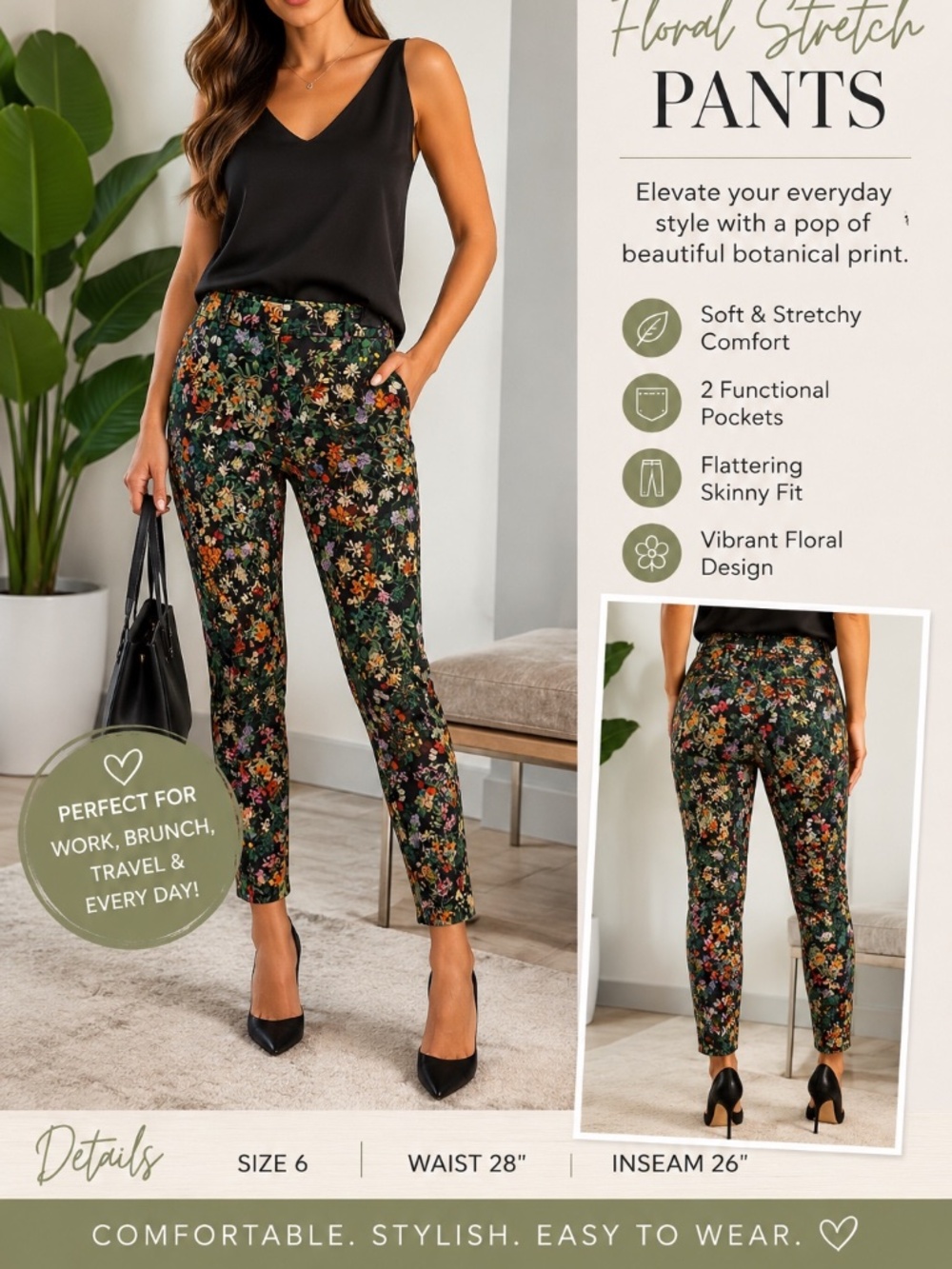 H&M Floral Stretch Ankle Pants Size 6 Botanical Print Skinny Career Pants